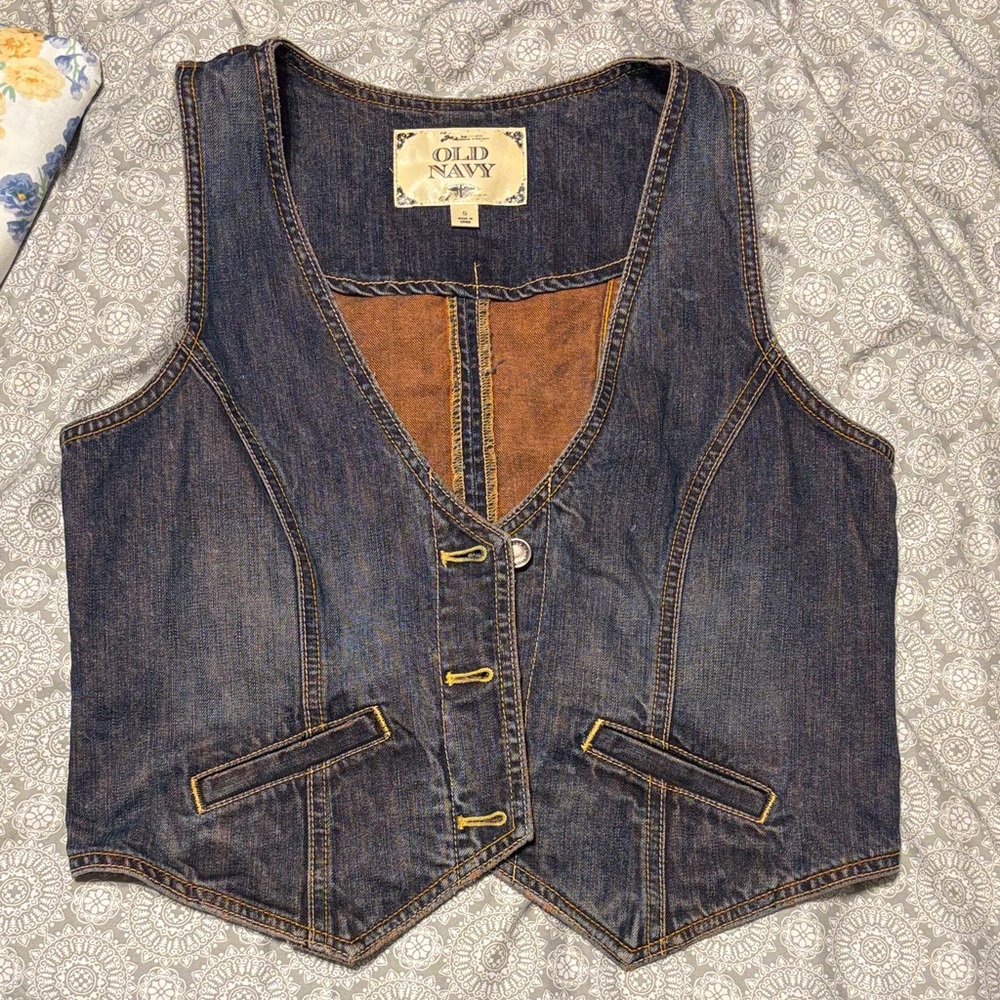 Old Navy vintage Y2K Boho Blue Denim Vest with Tan Details